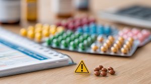 Warning sign placed in front of colorful pills on a white medical notebook under soft lighting in a health-related setting