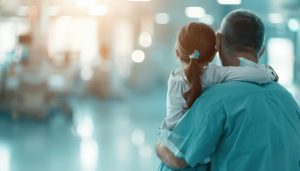 Happy young parents hugging their recovered daughter in a hospital room, bright and warm atmosphere, high resolution, emotional and heartwarming, detailed and loving family moment