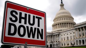 Government shutdown sign in front of the united states capitol building symbolizing political crisis and fiscal uncertainty