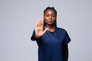 Young,Beautiful,African,American,Doctor,Woman,Doing,Stop,Gesture,