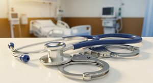 Doctor's stethoscope with metal handcuffs on white table in hospital room with medical equipment