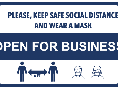 Sign that sys "Please, Keep Safe Social Distance and Wear a Mask" -Open for Business