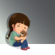 Illustration of a young girl holding a teddy bear and crying.