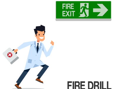 Cartoon drawing of Dr, holding first aid kit and isrunning toward Fire Exit for a fire drill.