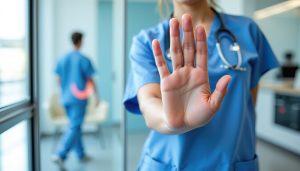 A healthcare professional in blue scrubs raises a hand to stop, symbolizing communication and care in a modern medical setting.
