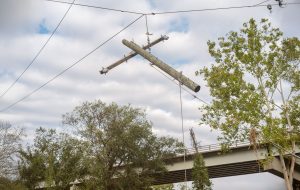 Asheville, North Carolina, USA - September 30th, 2024 : A damaged utility pole on Riverside Drive in the River Arts District.