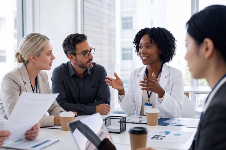 Healthcare consultants meeting around a conference table