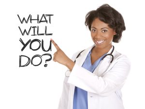 black doctor wearing scrubs and lab coat on white isolated background