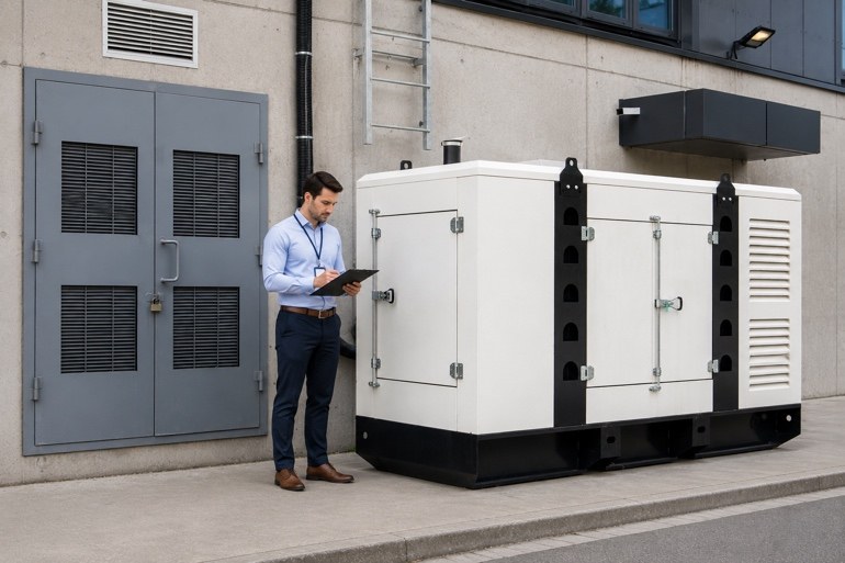 Technician inspecting a healthcare facility emergency generator