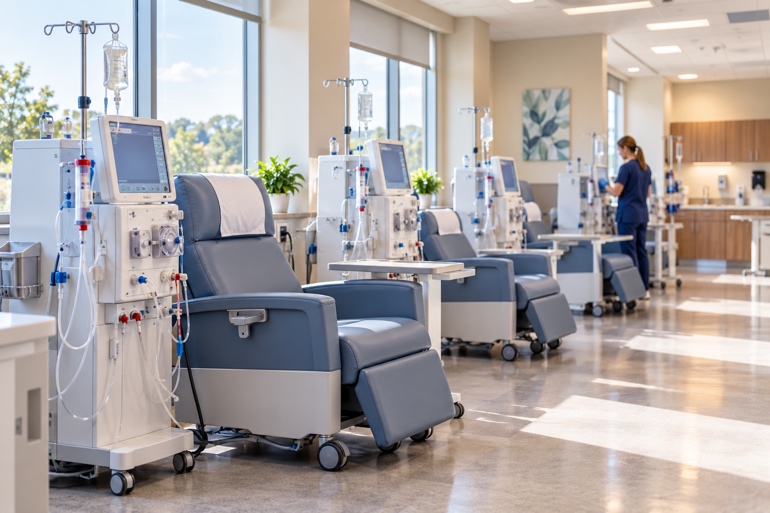 Dialysis treatment area with renal care equipment