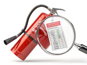 Fire extinguisher checking concept.Fire extinguisher 3d illustration