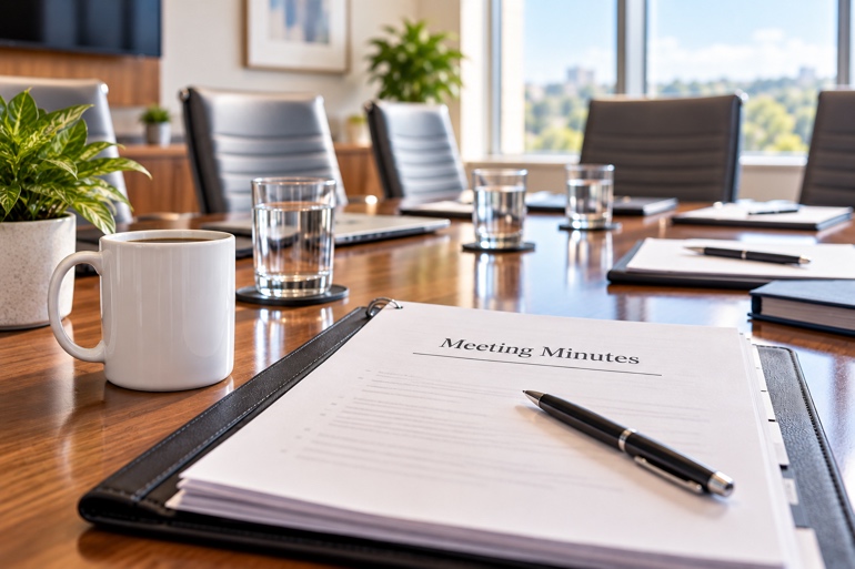 Governing body meeting minutes on a conference table