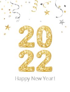 Happy New Year banner. 2022 gold glitter numbers. Confetti, ribbons and stars decoration. Gold and silver celebration background. For Christmas holiday headers, party flyers. Vector illustration.