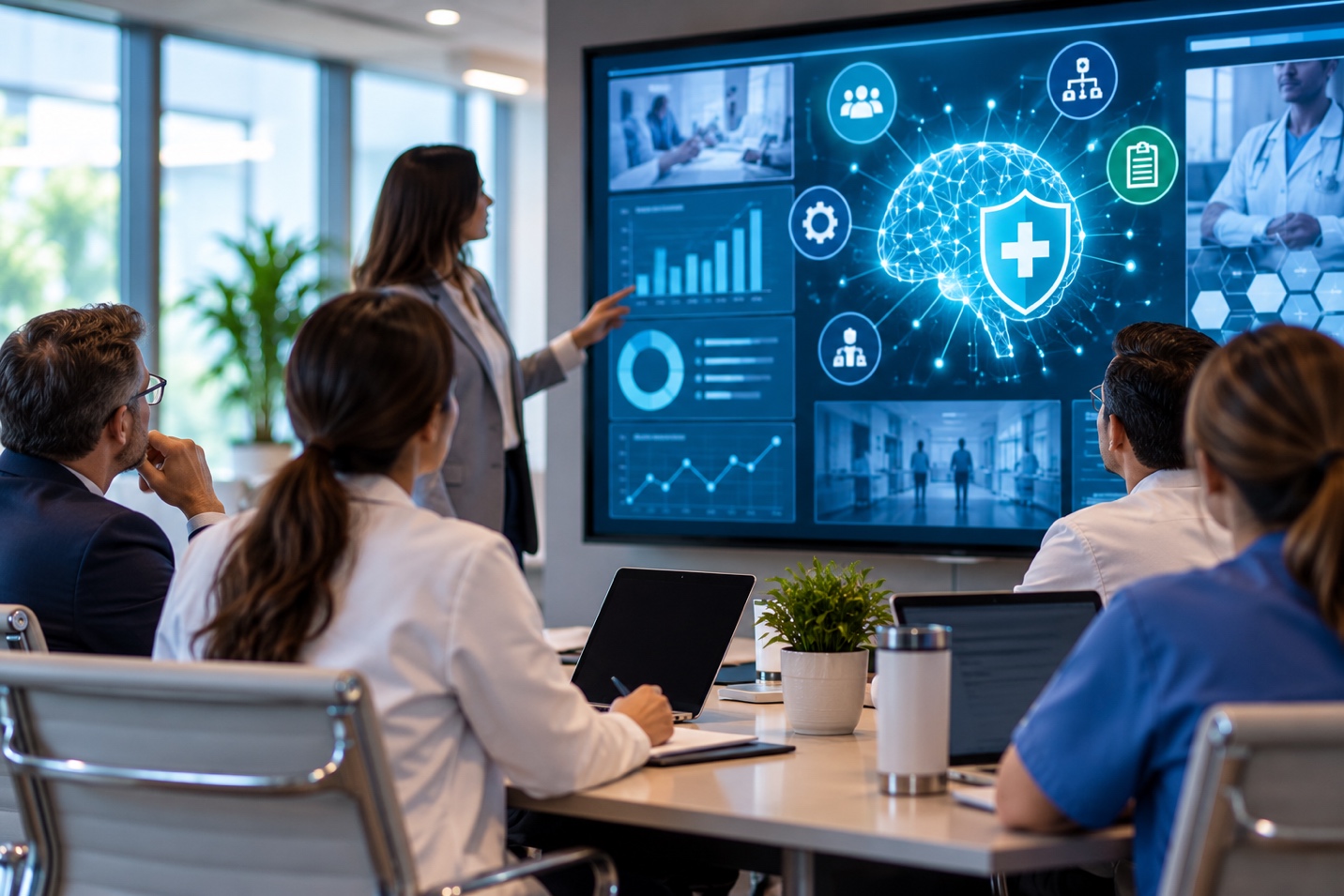 Healthcare leaders reviewing artificial intelligence governance and patient safety data