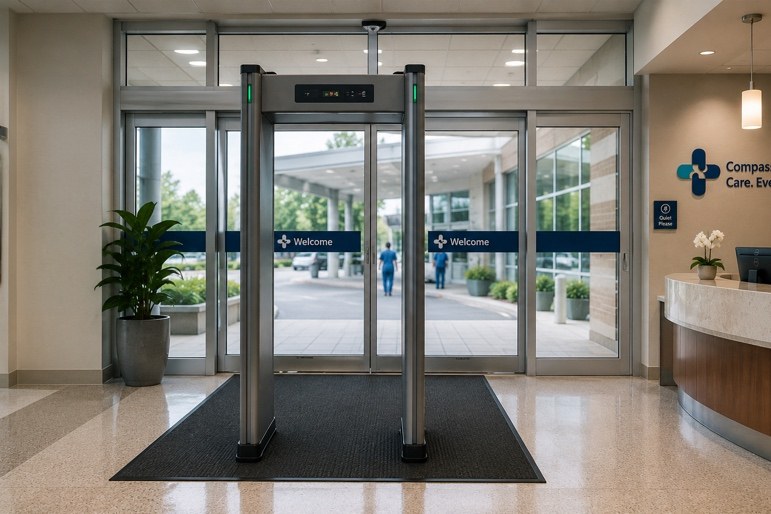 Walk-through metal detector at a healthcare facility entrance