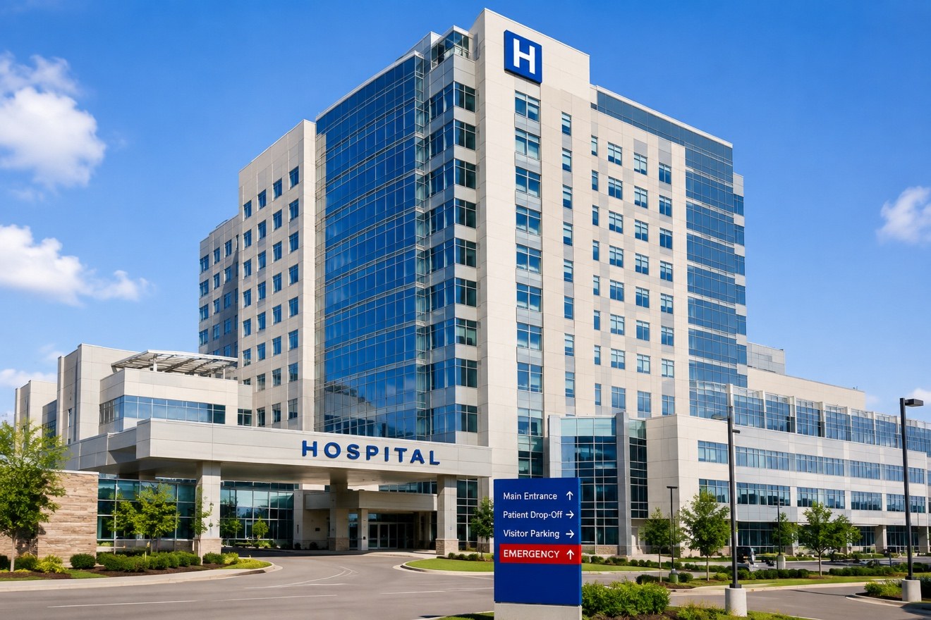 High-rise hospital building representing sprinkler retrofit requirements