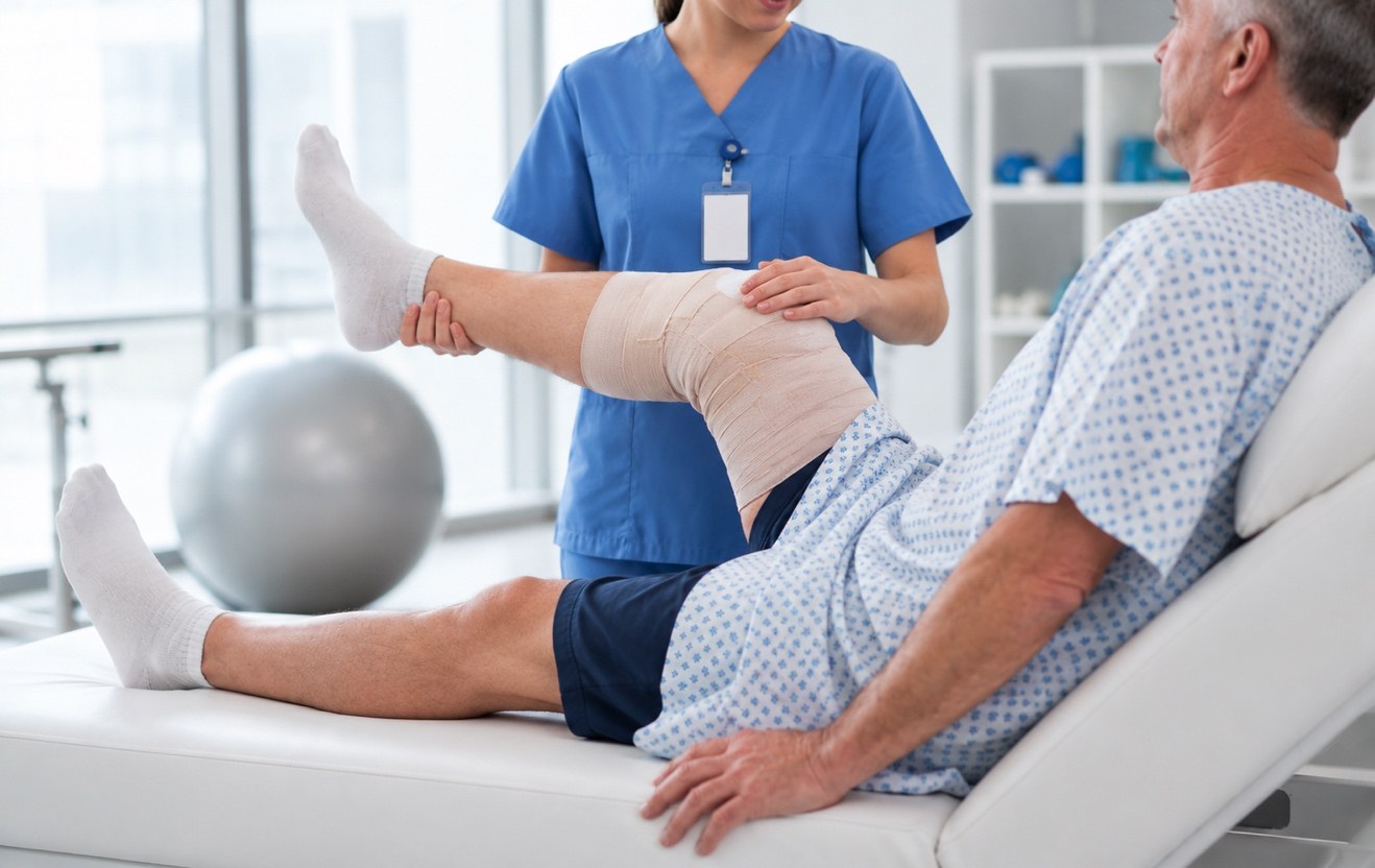 Patient receiving rehabilitation therapy in a clinical setting