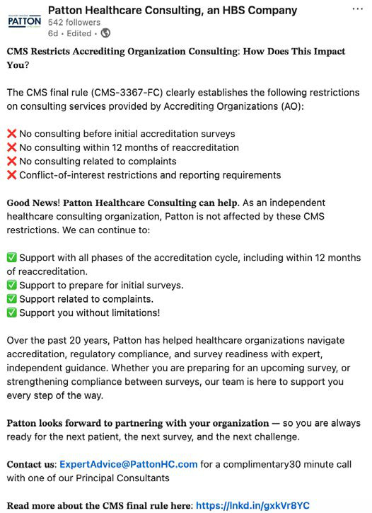 Patton Healthcare Consulting LinkedIn post about the CMS final rule