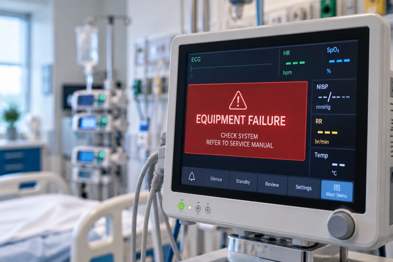 Medical equipment displaying an equipment failure alert