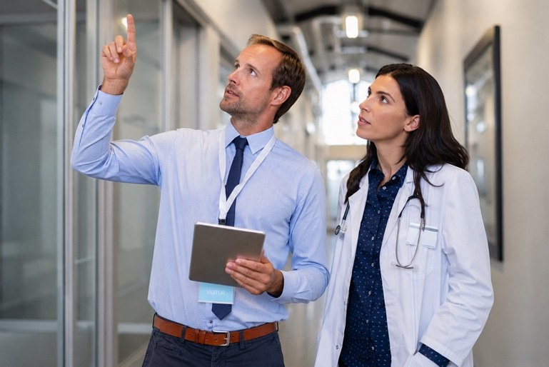 Facilities and clinical leaders inspecting a hospital environment