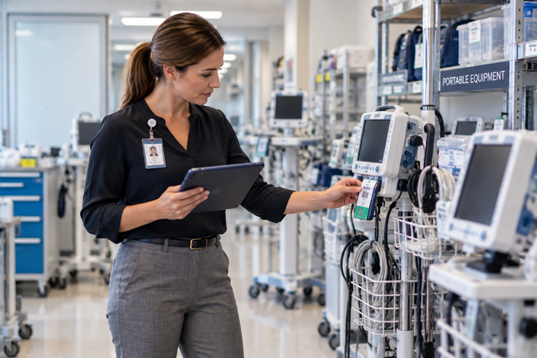 Clinical staff reviewing portable medical equipment