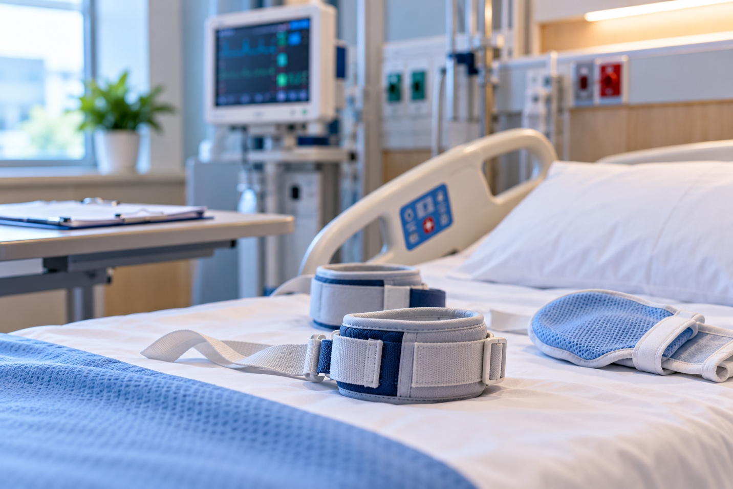 Hospital bed with restraint equipment illustrating restraint and seclusion reporting requirements