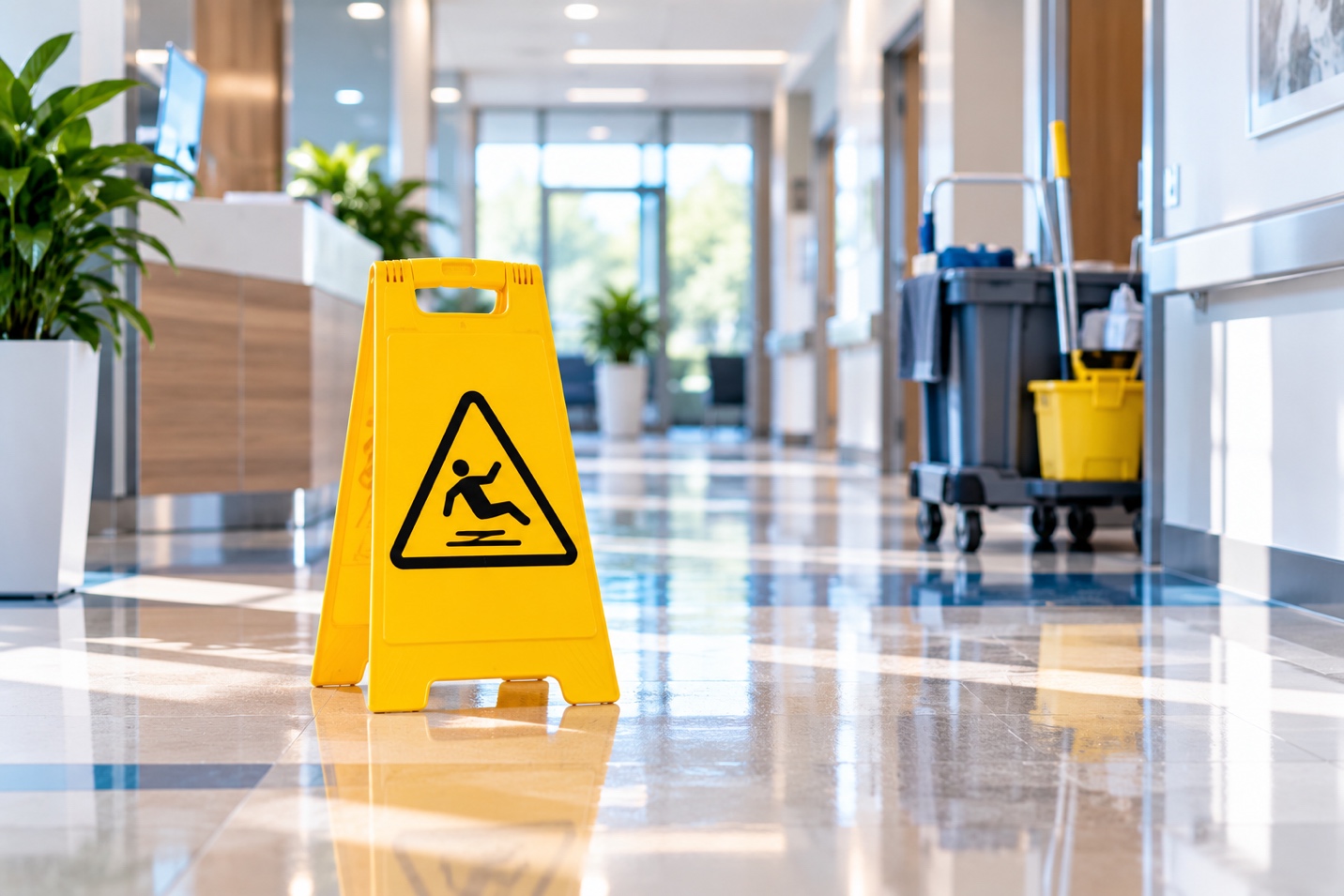 Wet floor warning sign in a healthcare facility corridor