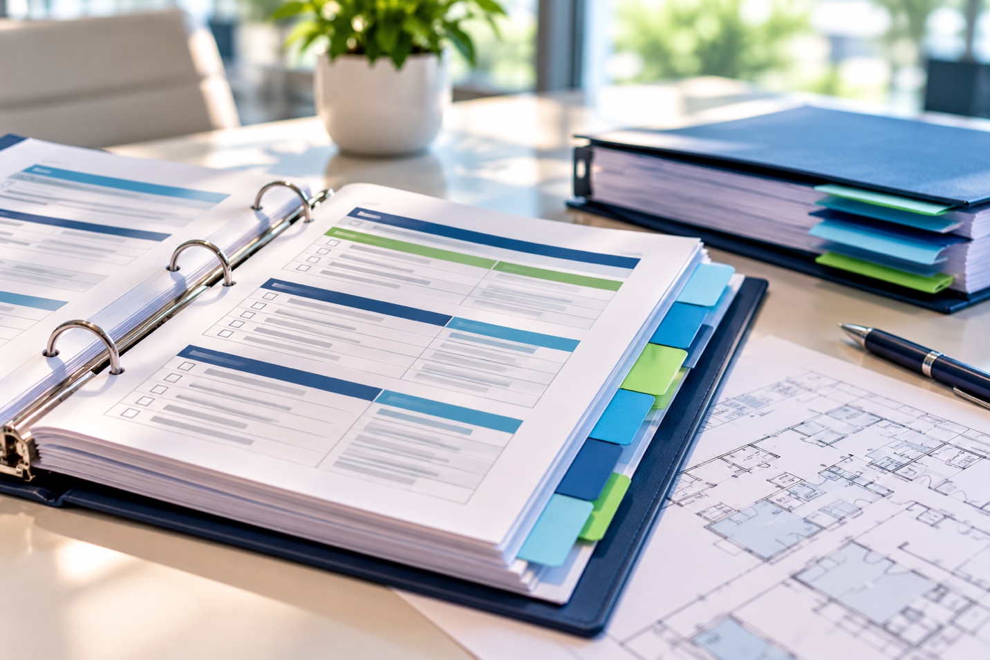Accreditation survey documents and facility plans organized for review