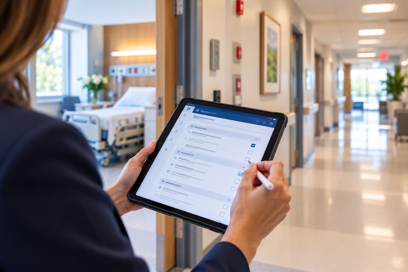 Healthcare accreditation professional reviewing a survey checklist on a tablet in a hospital corridor