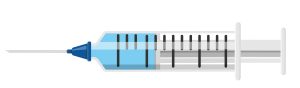 Icon plastic medical syringe with needle and vial in flat style, concept of vaccination, injection. Isolated vector illustration