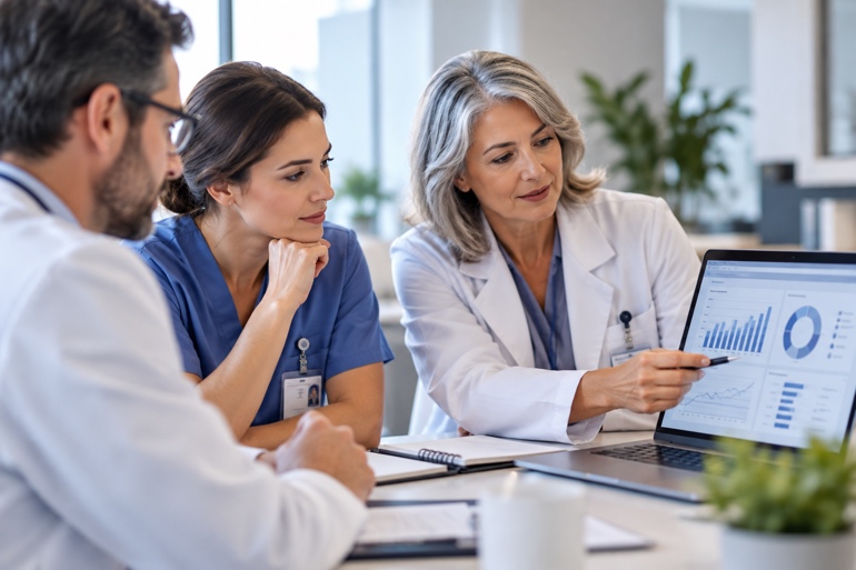 Healthcare quality team reviewing performance data
